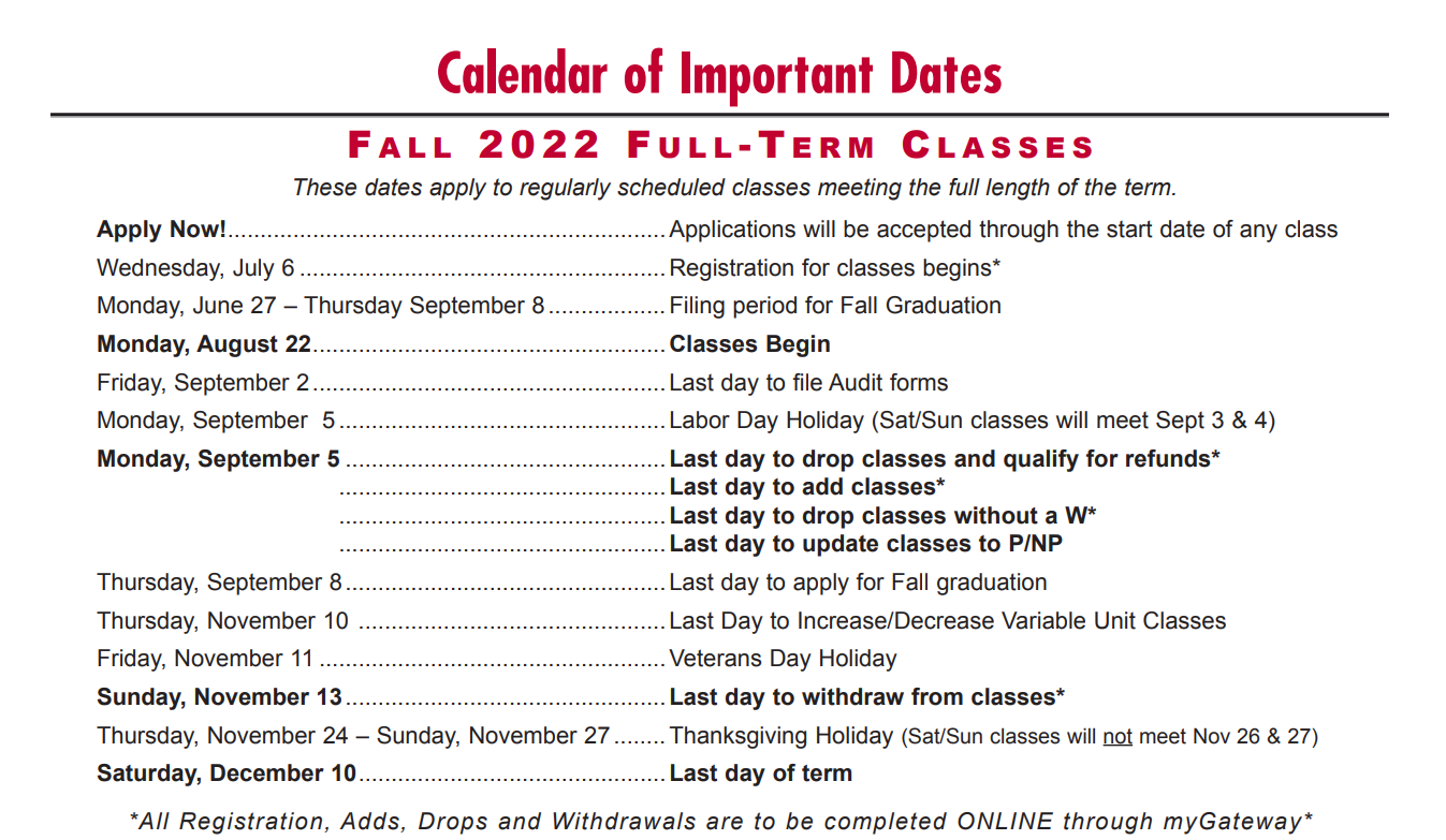 List of important Fall 2020 dates